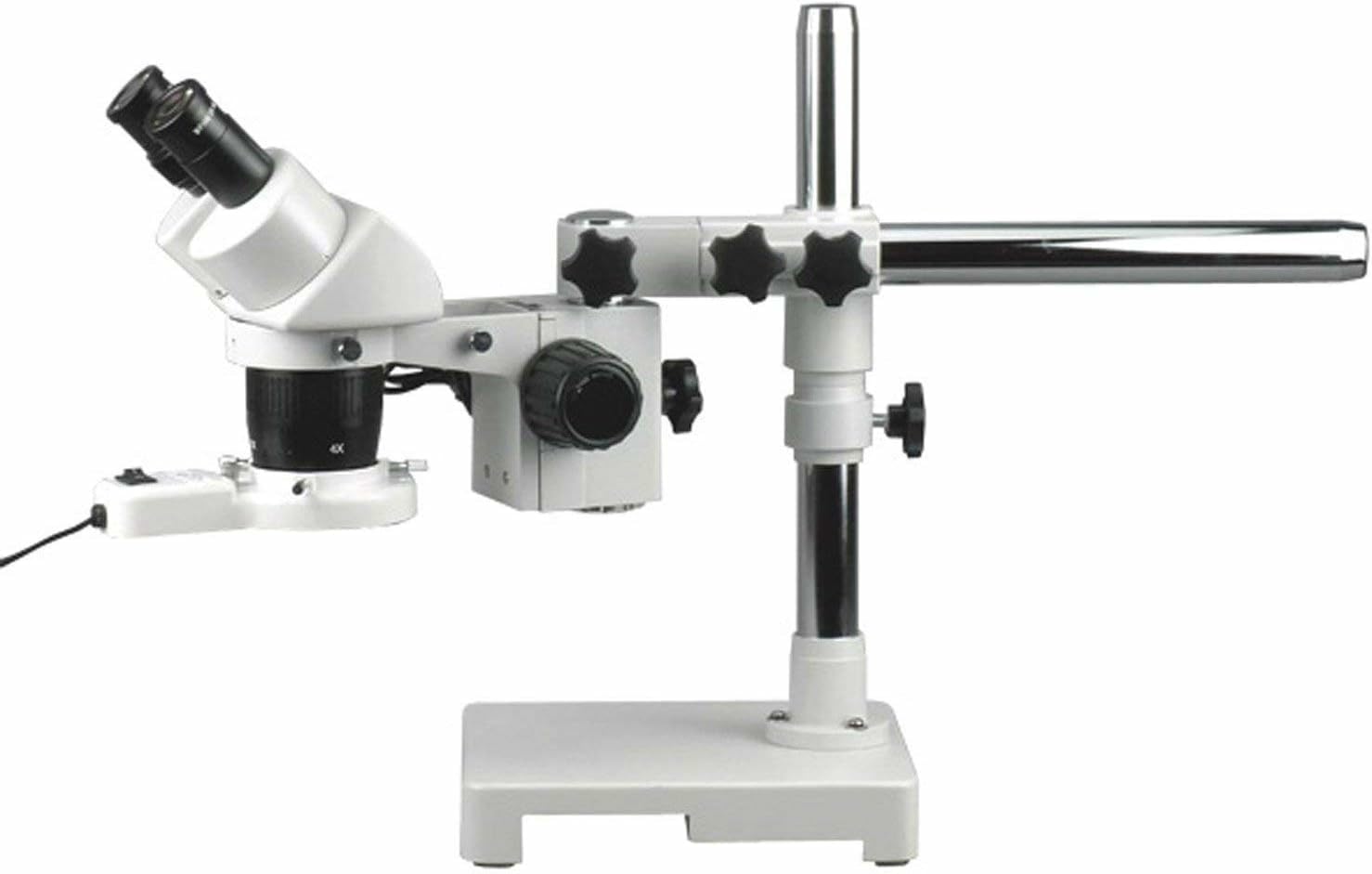 - AmScope SW-3B13Y-FRL Binocular Stereo Microscope, WH10x Eyepieces, 5X/15X/30X/45X Magnification, 1X/3X Objective, Single-Arm Boom Stand, 8W Fluorescent Ring Light, 110V-120V, Includes 1.5x Barlow Lens