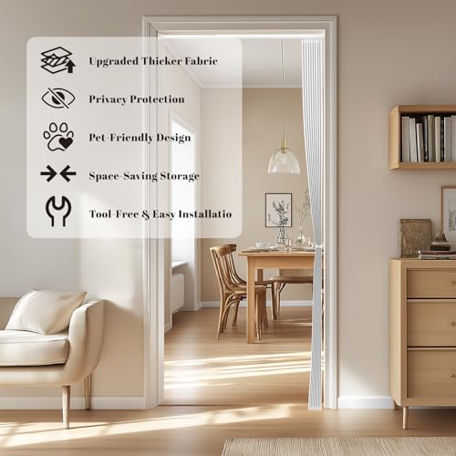Image of AJAZZ Blackout Magnetic Door Curtain with Curtain Rods 39-52 in Length Accordion Door Closet Door Curtain Invisible Applicable Bedroom Room Living Room Doorway (1 Panel, 54 W x 78 L, White)