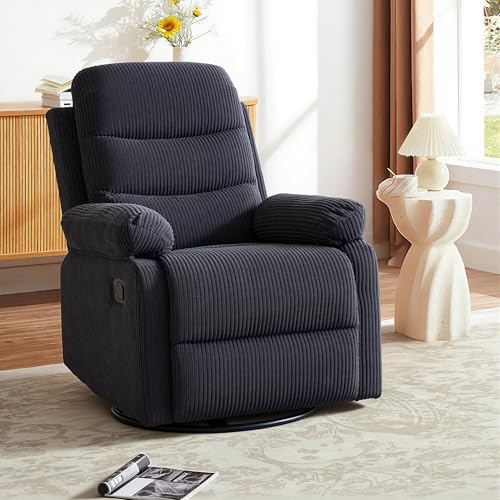 Image of Rocking Recliner Chair,Modern Swivel Glider Recliner Chair,Corduroy Fabric Upholstery Recliner,Manual Reclining Sofa Chair for Living Room,Office,Apartment (Dark Grey)
