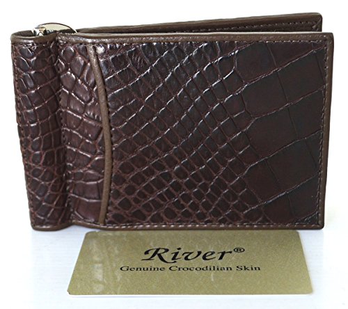 Exotic_leather 本物のベリー本革クロコダイルレザーマネークリップ財布 シャイニーダークブラウン ニューリバー