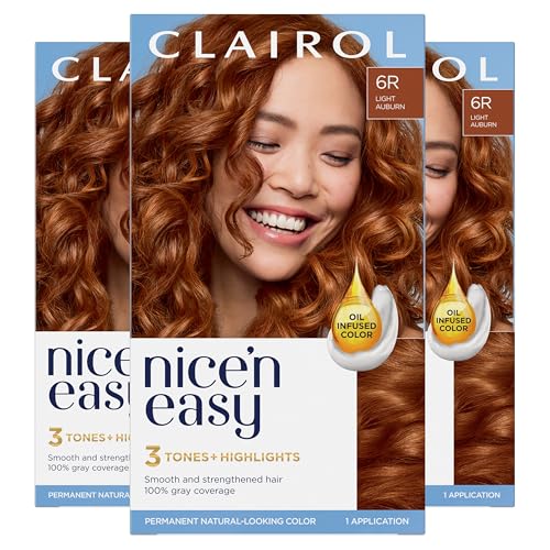 Clairol Nice’n Easy Permanent Hair Dye, 6R Light Auburn Hair Color, Pack of 3