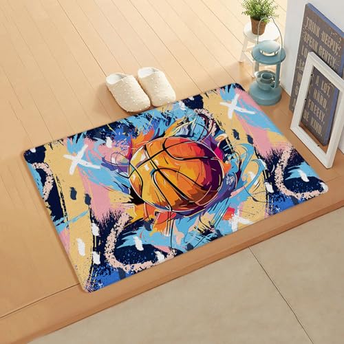 Abstract Basketball Kitchen Bath Door Mat Cushioned Runner Rug,Washable Welcome Floor Sink Antifatigue Mat,Waterproof & Non-Slip Comfort Standing Doormat,Contemporary Rainbow Street Art 24