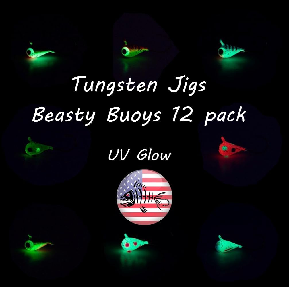 Tungsten UV Glow Ice Fishing Jigs - Beasty Buoys 12 Pack 6mm 2 gm #8 Hook Lure Bait Walleye Crappie Panfish Trout