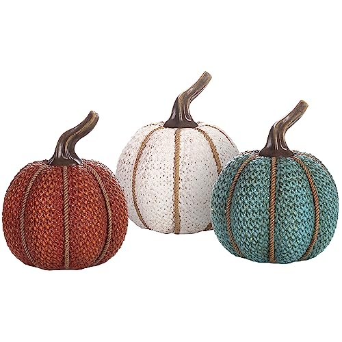 Valery Madelyn Pumpkins Fall Decor for Home, Set of 3 Decorative Pumpkins Wickerwork Resin Figurines for Table Centerpieces Indoor Tabletop Harvest Autumn Thanksgiving Decorations, 5.5 Inch