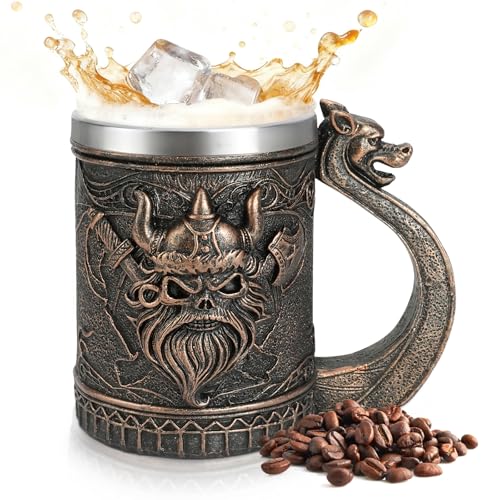 ZZBIQS Canecas de cerveja nórdica Viking para homens, guerreiro com chifres e capacete de batalha canecas para beber café, caneca de aço inoxidável para presente de colecionador, presente do dia do