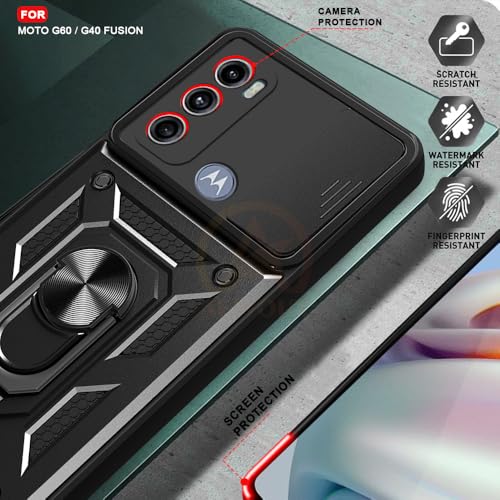 Image of Armor Bumper Back Cover Case for Motorola Moto G60 / G40 Fusion Rotating Camera Cover, Ring Holder & Kickstand | Heavy Duty & 360 Degree Protection Back Cover (Black)