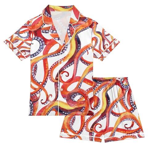 senya Watercolor Octopus Tentacles Satin Summer Pajama Sets Silk Short Sleeve Button Down Sleepwear