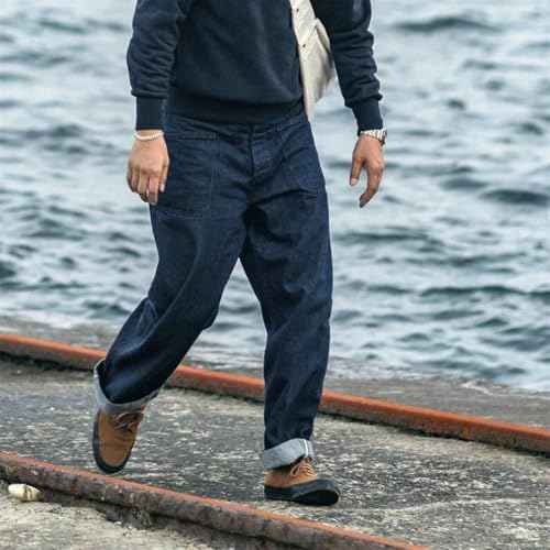 Men’S Casual Style Loose Fit Straight Selvedge Denim Full Length Dungaree Jeans Button Fly High Waist Deck Daily Wear Pants2