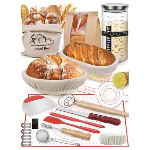 Kit de assar pão fermentado – ferramentas para fazer pães – kit completo para iniciantes com cestas de impermeabilização, frasco, batedor de massa, tapete de pastelaria, faca de pão e ferramentas