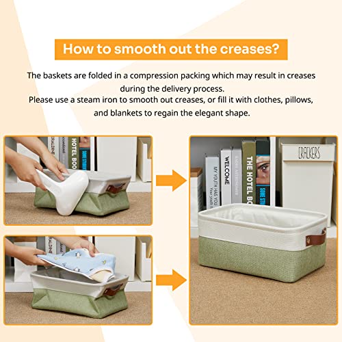 Image of DULLEMELO Small Storage Basket, Fabric Collapsible Gift Storage Basket for Shelves, Closets, Nursery, Home, Office Organizing, Small Canvas Linen Rectangular Storage Bin with Handles (White&Green)