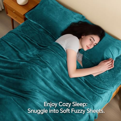 Image of BEDELITE Flannel Sheets King Size Teal - Super Soft Fleece Sheets Set Fluffy Extra Plush, 4 Piece(Include Fitted Sheet, Flat Sheet, 2 Pillowcases)