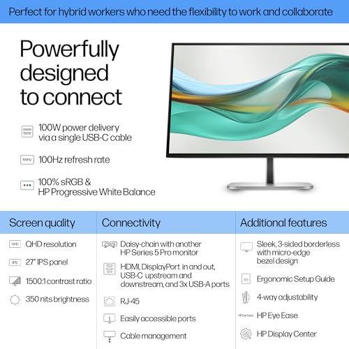 Image of HP Series 5 Pro 527pu 27 inch QHD USB-C Docking Monitor | 4-Way adjustability Tilt /Swivel /Pivot /Height, VESA Mount, Displayport, Black /Silver, W /DKZ Hub