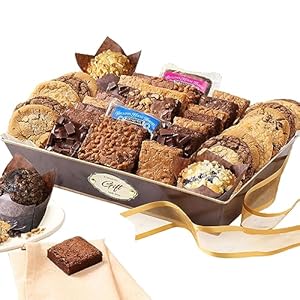 Broadway Basketeers Brownies and Cookies Bakery Gift Baskets, 44 Brownies and Cookies Individually Wrapped for Freshness. Assorted Topping and Flavors. Perfect for Mom Dad Friends