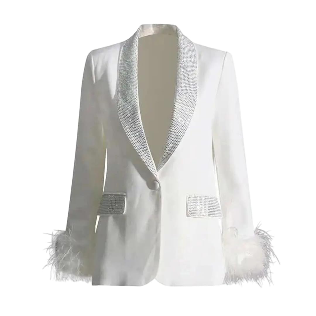 Women Rhinestone Trim Blazer Feather Long Sleeve Notched Lapel Jacket for Party Club Gala Evening