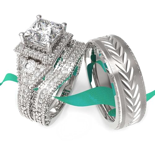 LOVERSRING 2pc His and Hers Couple Ring Bridal Sets Women Man Titanium Band Wedding Ring for Him and Her