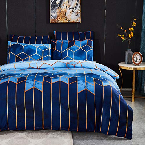 TT Global Bleu Housse de Couette 200x200cm à Motif 3D Géométrique - Parure de Lit 2 Personnes avec Fermeture Éclair - Sets Housse de Couette Boho Imprimé en Microfibre avec 2 Taie d'oreiller 50x70cm Cover