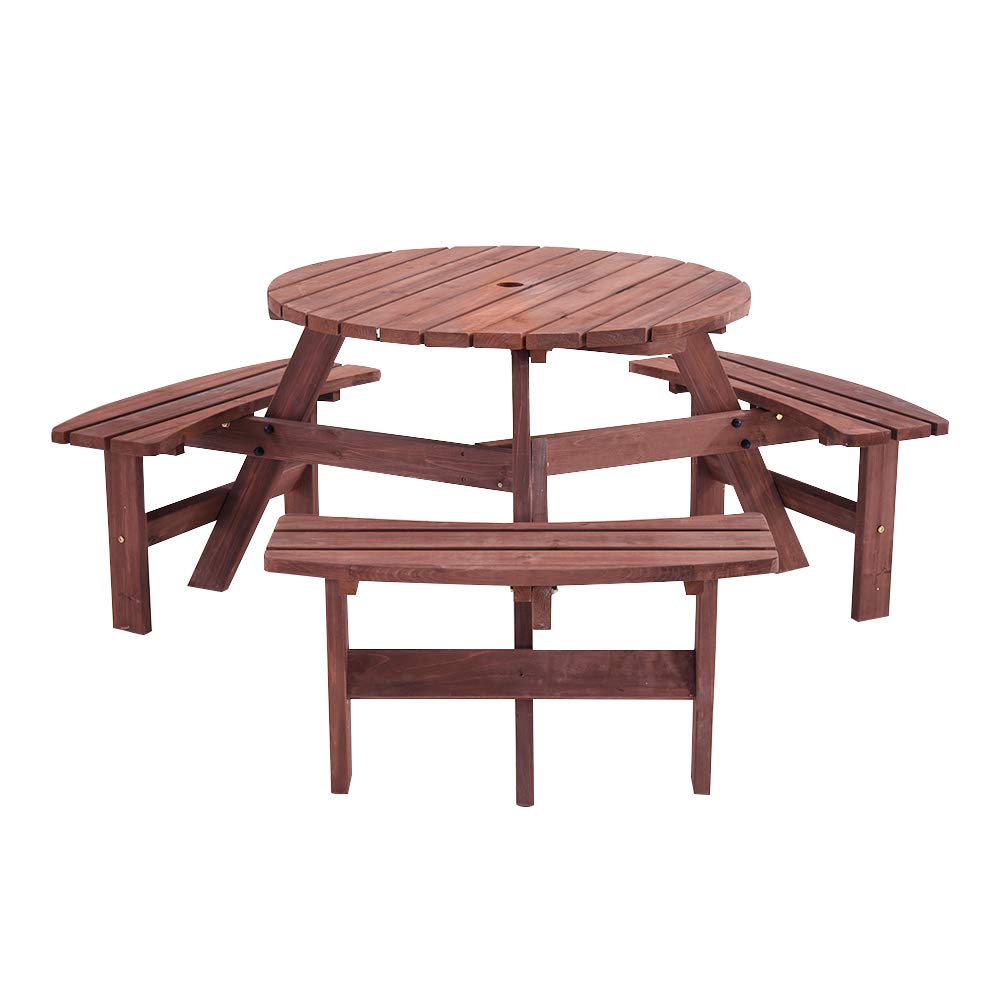Panana 6 Seater Fir Wood Picnic Table Set Round Wooden Table with Bench Seats Furniture for Garden, Park, Patio