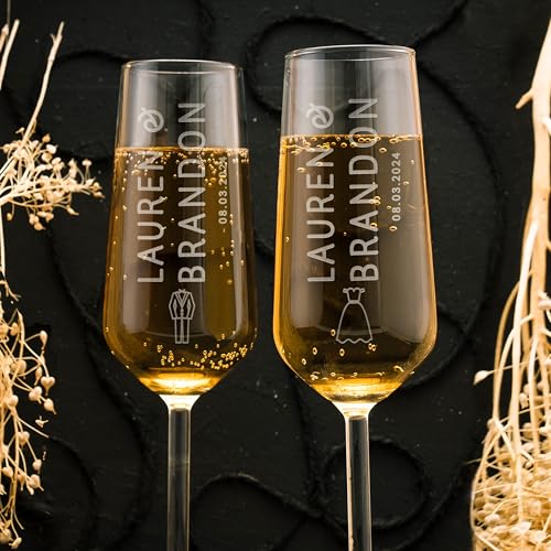 Personalized Wedding Champagne Flutes for Bride & Groom, Custom With Names & Icons, 10 Icon Options, 7 Oz, Set of 2, Champagne Flutes for Engagement Party, Wedding Anniversary