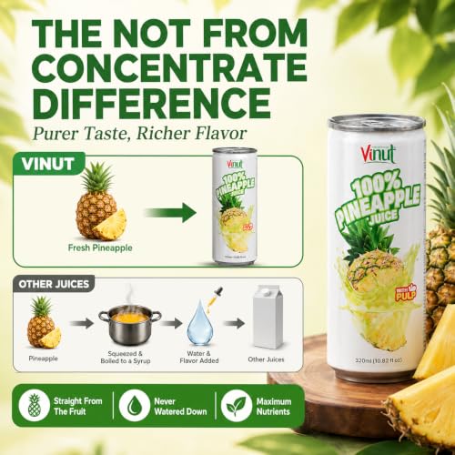 Image of VINUT 100% Pineapple Juice with Real Pulp, Vitamin C Rich, No Added Sugar, Not From Concentrate, Gluten Free & Non-GMO Drink, 100% Vegan /Plant-Based, 10.82 fl oz Cans (Pack of 6)