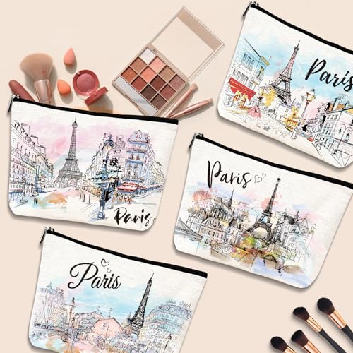 Paris Gifts Travel Essentials - 4Pcs Eiffel Tower Makeup Bag, France Paris City Watercolor Cosmetic Bags with Zipper Pouch, Weekend Vacation Trip Gifts for Travellers Women Girls3