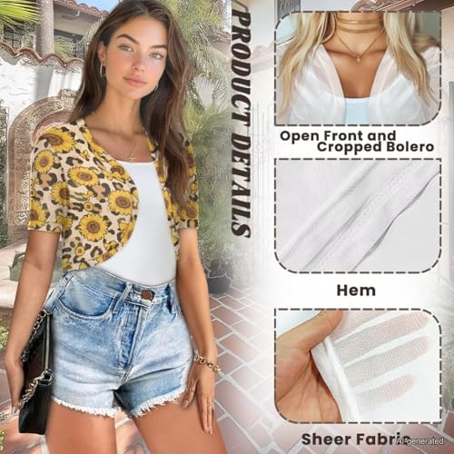Image of Womens Short Sleeve Cardigans Lightweight Summer Cardigan Trendy Bolero Shrug Cute Floral Cardigan Sheer Bolero