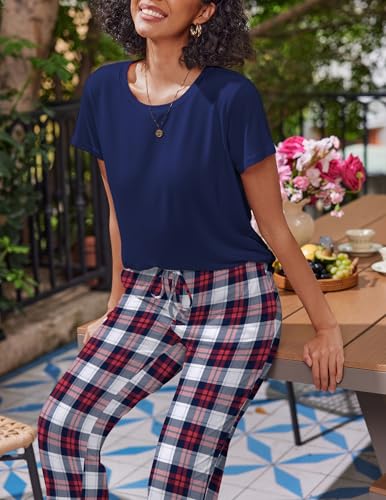 Image of Ekouaer 2 Pack Pajamas for Women Set Short Sleeve Sleepwear Top and Pants Pjs Soft Printed Lounge Sets with Pockets