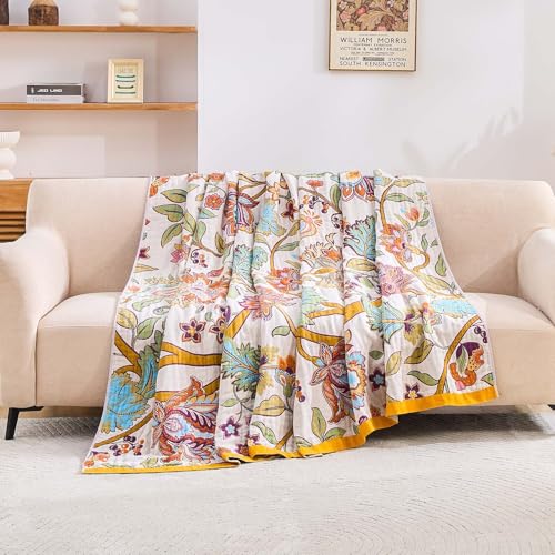 Image of XIBLC Boho Throw Blanket for Bed, 100% Cotton Soft Rustic Quilt Fall Blanket, 50 inchx60 inch Floral Printed Farmhouse Decor Bed Blankets, All Season Rustic Reversible Bohemian Throw Quilt
