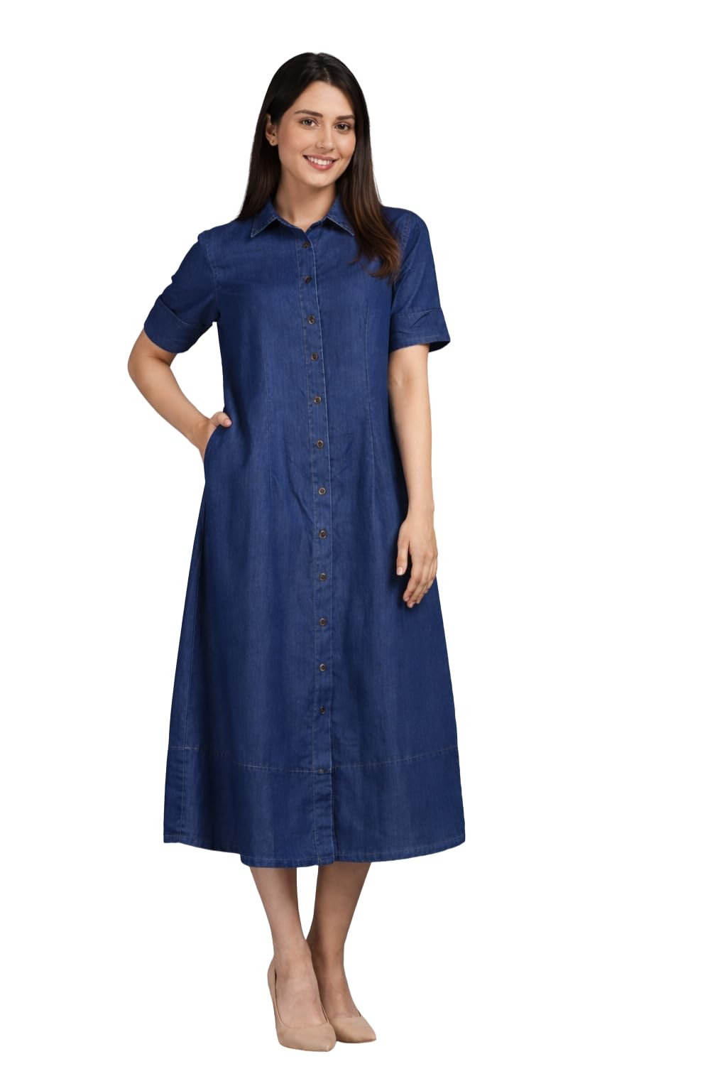 Karthav Fashion Women Solid Denim Shirt Style Midi Dress with Button Closure | Short Sleeves and Comfortable Fit |