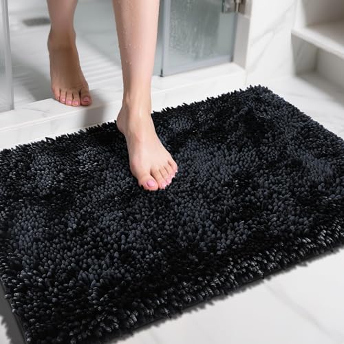 Image of Yimobra Large Bathroom Rug Non Slip 36x24 Inch, Extra Thick Soft Absorbent Chenille Bath Mat, Machine Washable Quick Dry Bath Rugs for Bathroom Floor, Tub and Shower, Home Decor Accessories, Black