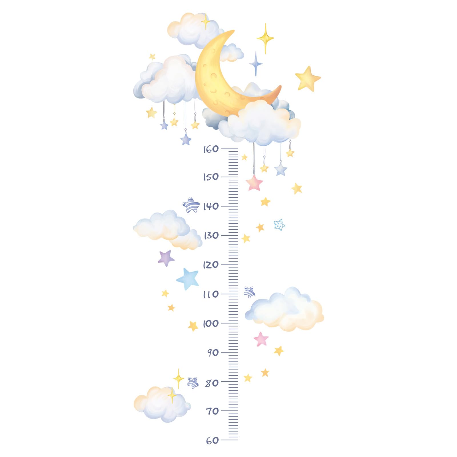 Pegatinas de Pared Medidor Altura Infantil Acuarela Adhesivos Pared Decorativo Luna Nubes Estrellas Vinilos para Habitación Bebé Niños Dormitorio Guardería