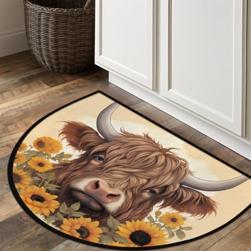Image of Half Round Door Mat Animal Highland Cow Sunflower Non-Slip Semi Circle Area Rug Washable Half Moon Hearth Rugs for Indoor Outdoor Bathroom Kitchen Patio Runner Mat Laundry Room Home Decoration