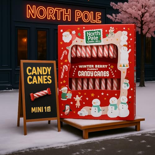Image of Candy Canes North Pole Winter Berry Flavour (12x 10g) 120g Box By Cougar | Festive Holiday Sweet Treats Gift Box | Classic Striped Christmas Candy for Parties, Gifting, Stockings, Decorations & Celebrations | Pack of Holiday Canes (IMPORTED-UK)