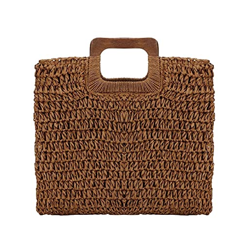 Bolso tote de paja con asa de madera para mujer, bolso tejido tipo hobo para verano, playa y viaje (café) miniatura 1