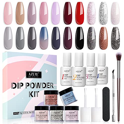 20 Colors Dip Powder Nail Kit Starter, AZUREBEAUTY Acrylic Dipping Powder System Essential Liquid Set with Top Base Coat Activator Brush Saver for French Nail Art Manicure Extension Beginner DIY Salon