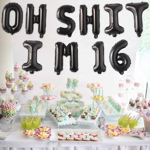 Image of Oh I'm 16! Latex Balloons 16 Inch Black Hallo Sixteen Cheers to 16 Years Old Theme Decor for Man Woman Happy 16 Birthday Party Photo Studio Prop Flag Decorations Favors Supplies