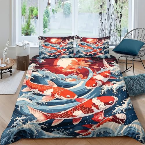 Drap de couette poissons koï 3D imprimé et parure de lit vague japonaise - 4