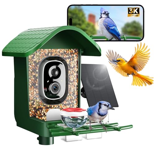 3K HD Smart Bird Feeder with Camera, 2.4GHz WiFi Solar Powered Smart Feeder, AI Bird Species Identification & Real-Time App Alerts, Chew-Proof & Waterproof for Outdoors（Green）