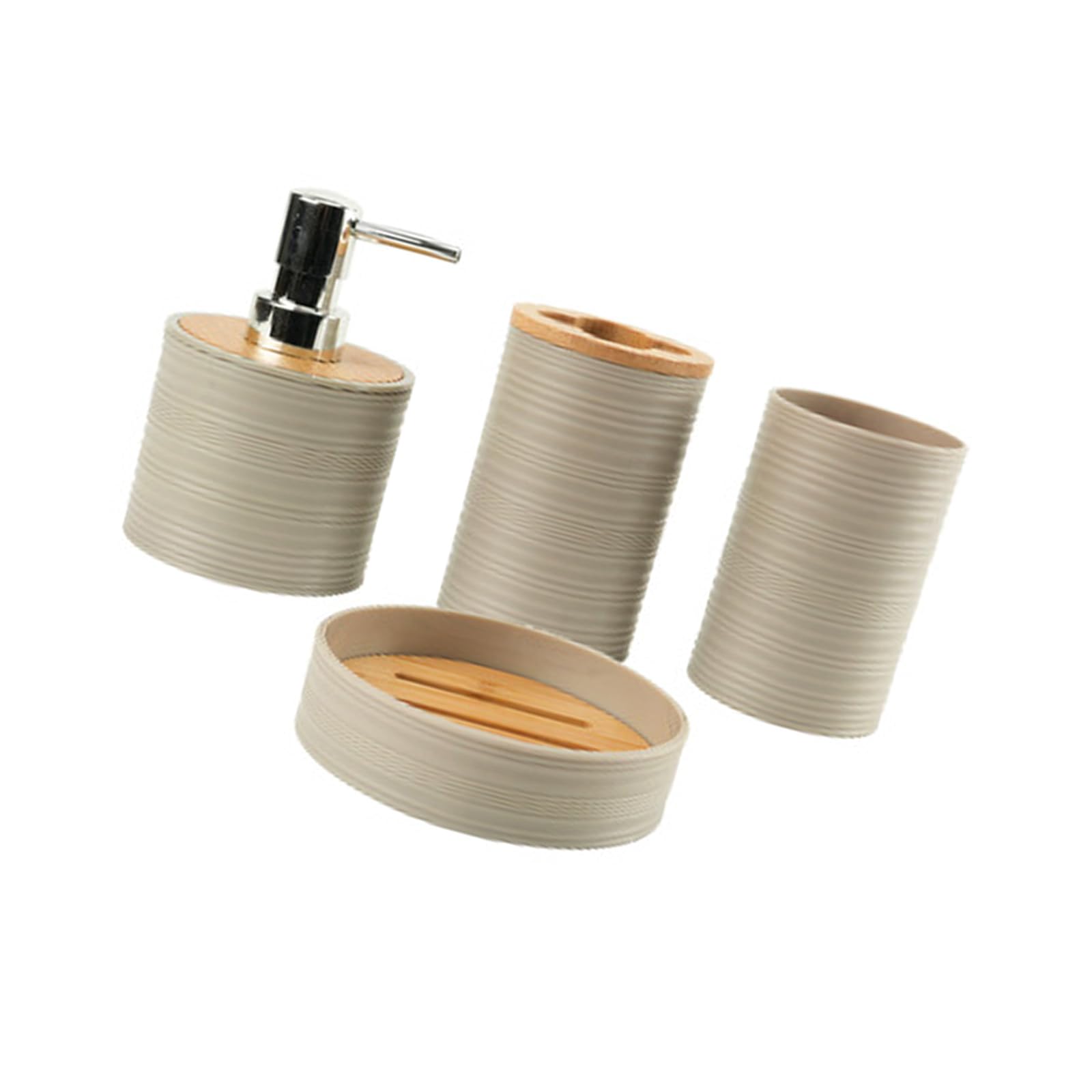 Wave-Patterned Bathroom Containers 4PCS with Natural Cane Plant Lids Polymer Toothbrush Cup Soap Countertop Set Bathroom Organizers with Lid