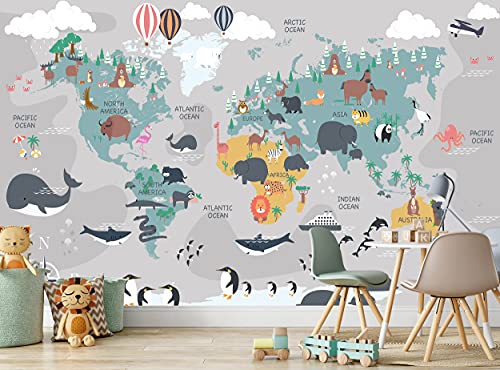 Weltkarte mit Tieren Wandbild Kinder Tapete Cartoon Kontinent Ozean Geographie B 366cm x H 254cm Wanddeko Bild Riesen Papier Poster Kinder Schlafzimmer
