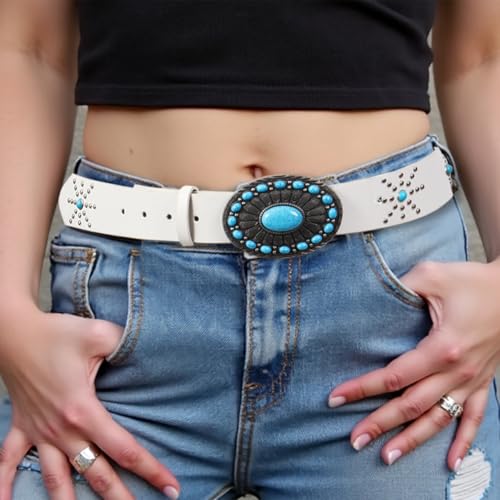 Western Belt for Women Plus Size Vintage Country Leather Cowgirl Belt With Turquoise for Dress Jeans Pants3