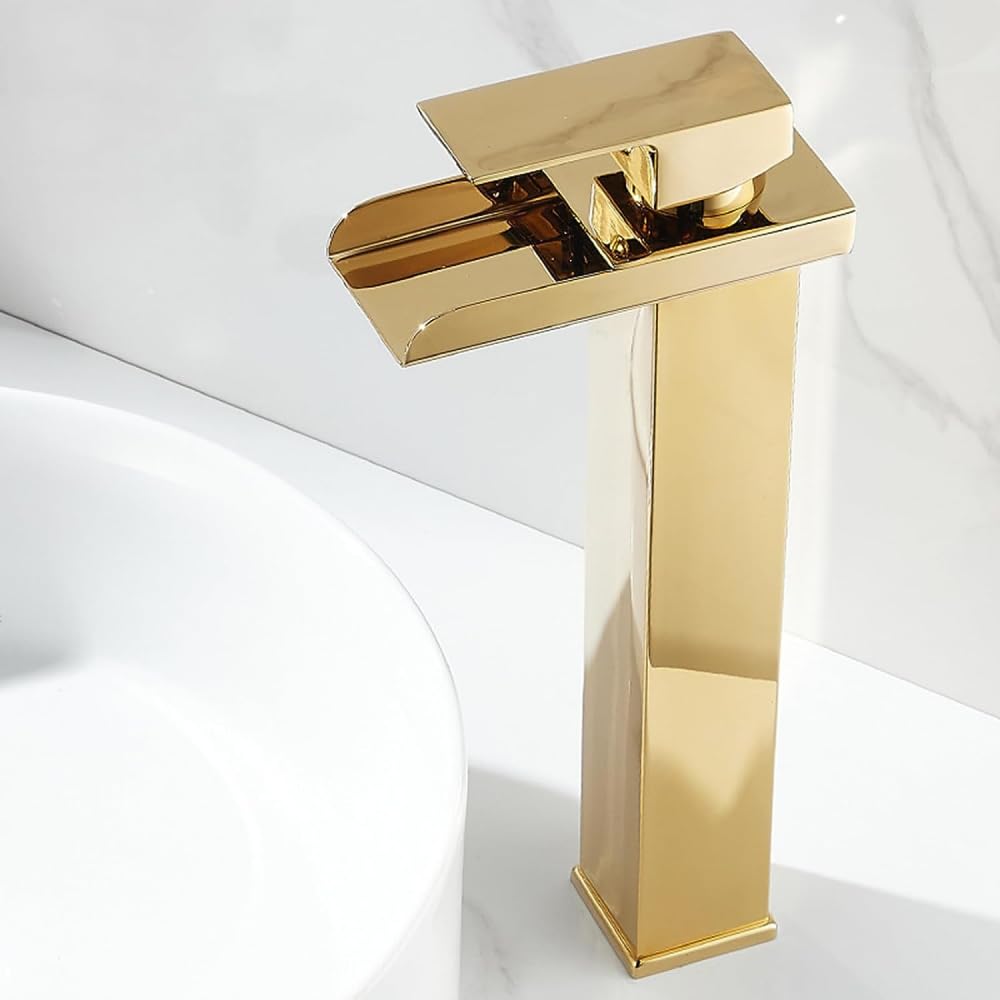 Robinet de lavabo haut cascade mitigeur monocommande doré or
