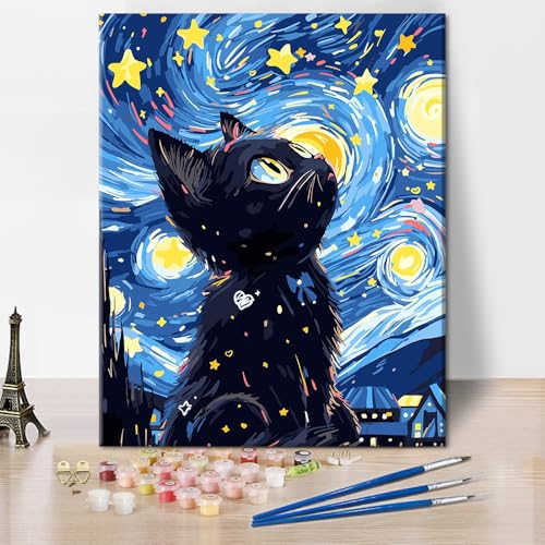 Schwarze Katze Farbe nach Zahlen für Erwachsene Anfänger Aquarell...