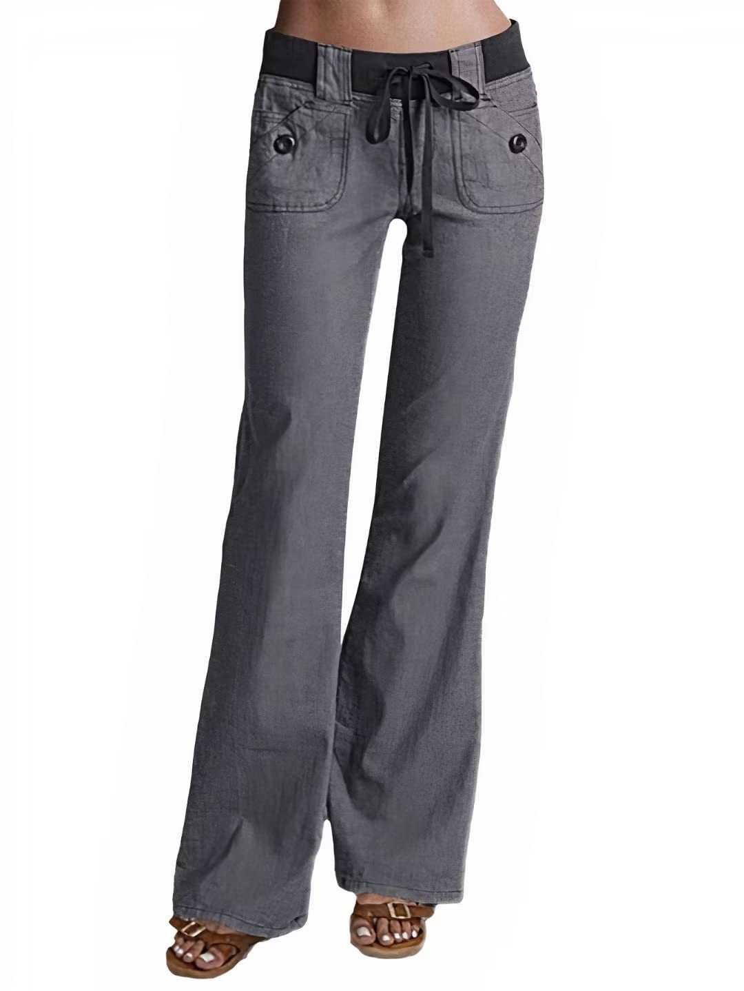 Flamingals Low Rise Cargo Wide Leg Pants for Women Drawstring Flap Pockets Y2K Bow Tie Casual Flare Pants