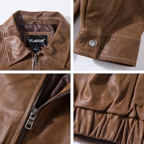 FLAVOR Men Genuine Leather Bomber Jacket Casual Fall Winter Jacket Brown4