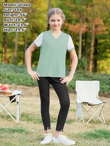 Image of GORLYA Girls Lace Sheer Sleeve Contrast T-Shirt Short Sleeve V Neck Casual Modest Tee Tops for 6-16Y