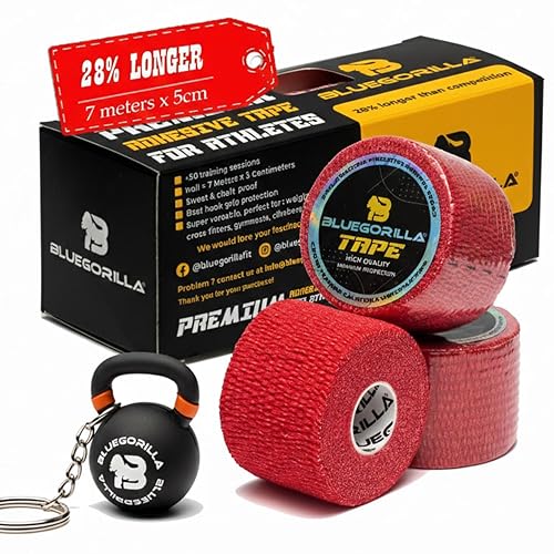 BLUEGORILLA Tape CrossFit Elástico Ancho (Pack de 3 Rollos) - Esparadrapo Deportivo Flexible para Hook Grip y Muñecas - Incluye Llavero de Regalo - 5cm x 7 m. (ROJO)