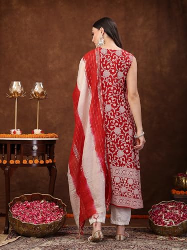 Stylum Women's Printed & Embroidered Rayon A-Line Kurta Dupatta Set (Kdredbull42_Red, Xl)