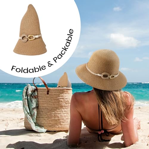 Image of Sun Beach Hats for Women,Wide Brim Straw Hats Womens with Chin Strap, Foldable Woven Sun Hat UV Protection