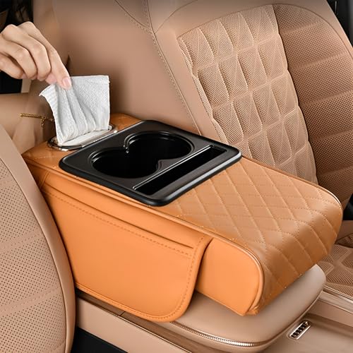Image of SIAGO SIA399 Premium Car Armrest Cover | 5-in-1 Center Console Organizer with Cup Holder, Phone Slot, & Storage Bags | Anti-Slip PU Leather Cushion for Sedans & SUVs (Tan)