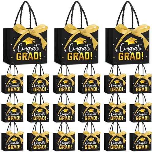 Jetec 45 Pack 2026 Graduation Gift Bags Bulk Small Congrats Bags with Handle and Bow Ribbon 5.5 x 4.7 x 2.5 Inch Grad Paper Treat Gifts Party Favor Supplies for College High School(Black Gold)